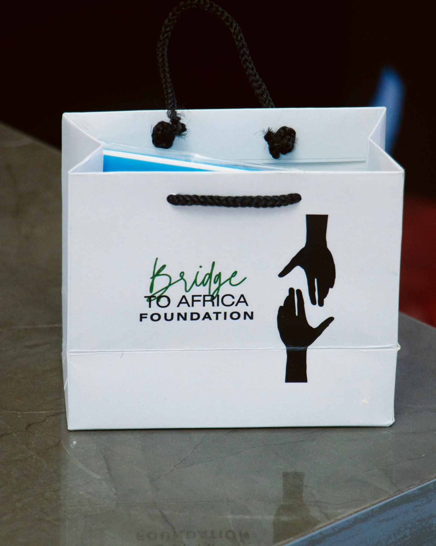 Bridge to Africa Foundation branded gift bag on a table